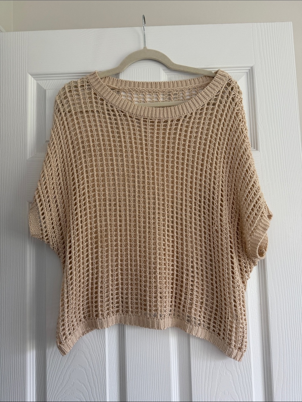 Light Beige Open-Knit Short Sleeve Sweater - Women's